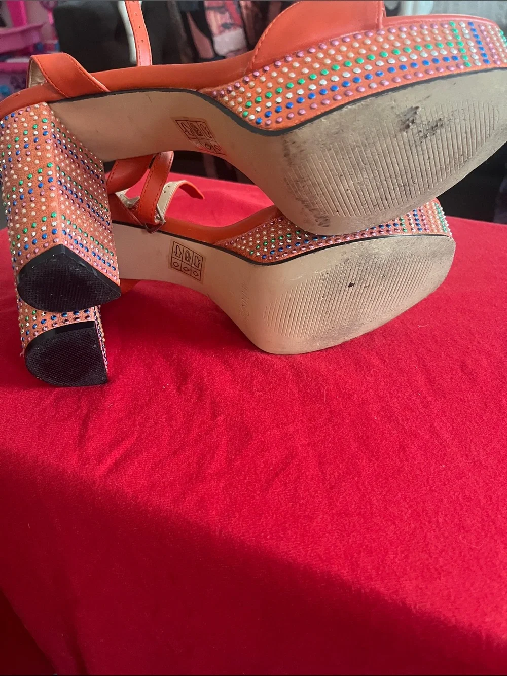Rouge Helium Coral-Orange Rhinestone Platform Slingbacks